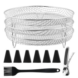 Air Fryer Accessories, 3 Layer Stackable Dehydration Racks, Stainless Steel Air Fryer Basket Tray Dehydration Rack with Oil Brush, Food Clip and Heightening Feet(as Shown)