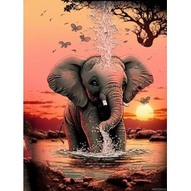 HMDIIMGE Sunset Elephant Diamond Painting Kits, Cartoon Animal Diamond Painting, 5D Full Circle Crystal Dot Diamond Art Kit for Adult, for Home Decor Club Decor or Gifts 12x16 Inch