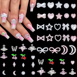 HNUIX 3D Nail Charms and Gems - Multi Shapes, Cherry, Moon, Heart, Butterfly, Star Bow Planet, Light Pink & White Pearls Flatback Rhinestones, for Nail Art