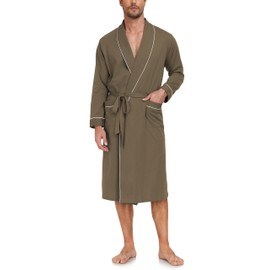 COLORFULLEAF Men's Bathrobe, 100% Cotton, Lightweight Sauna Bathrobe, Dressing Gown with Pocket (M-2XL), olive green