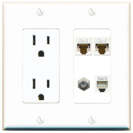 Wall Plate City 2 CAT6 COAX PHONE Port Wall Plate w/Power Outlet White