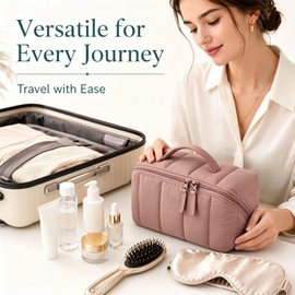 Beauty case da donna, grande capacità, portatile, da viaggio, impermeabile, in pelle PU o borsa per cosmetici, aperta, borsa piatta per articoli da toeletta, pennelli, Colore: rosa., Classico