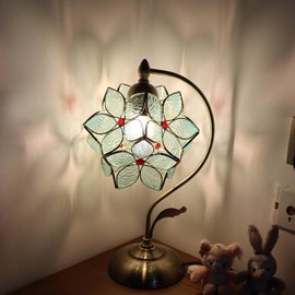 Bieye L10932 Tiffany Style Stained Glass Flower Petal Table Lamp with Brass Base for Home Décor (Light Blue, 8" Apple Blossom)