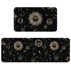 Celestial Sun and Moon Gothic Kitchen Rugs Set of 2 - Waterproof, Non-Slip, Cushioned Mats for Kitchen, Office, and Laundry Room Floor - Galactic Star Decor - 17x30 and 17x47 Inch
