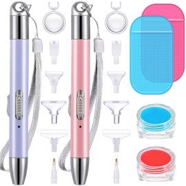 Chuangdi 2 Pieces Diamond Painting Pen LED Drill Pens Diamond Painting Accessories 12 Pen Heads, 2 Anti-Slip Mats, 2 Wax Organizer Cases for DIY Painting Craft Supplies Tools(Purple, Pink)