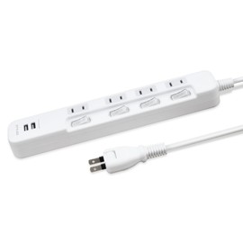 STYLED USB Charging Power Strip with 4 Outlets and 2 USB Ports, Total 3.4 A Outlet with Shutters, Swing Plug, OA Tap, Extension Cord, White (6.6 ft (2 m)