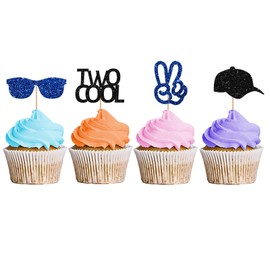 Two Cool Cupcake Toppers, Baby 2nd Birthday Party Decor for Boys, Sunglasses Sign Dessert Picks, Two Years Old Birthday Party Decoration - Blue & Black Glitter