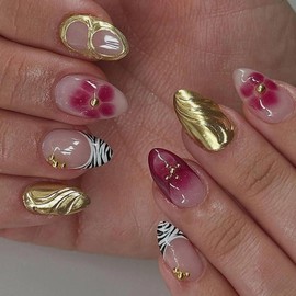 MISUD Press on Nails - Short Almond Glue on Nails with Gold Chrome, Acrylic Red Flower Design 30 pcs