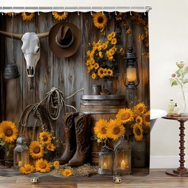 Western Cowboy Shower Curtain Rustic Barn Door Southwest Country Rural Bull Skull Boots Floral Polyester Curtains Bathroom Decor with Hooks 70" Wx70 H