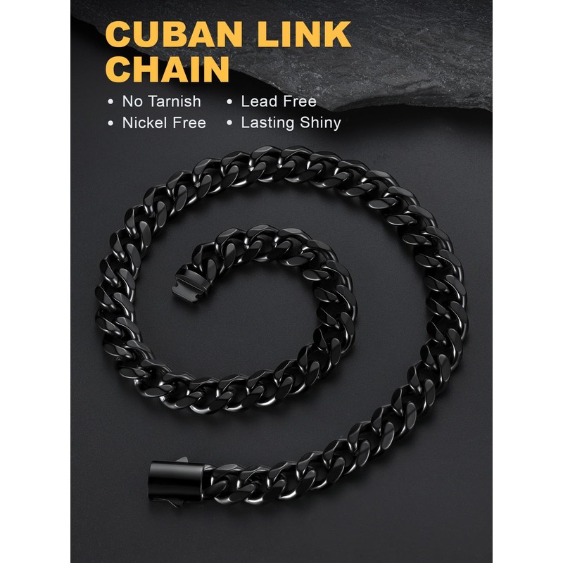 Black Stainless Steel Cuban Link Chain for Men 12mm 18Inch
