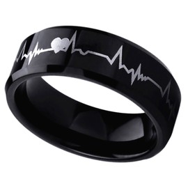 DoubleAccent 8mm Titanium Black Wedding Bands Promise Rings Forever Love Heartbeat Comfort Fit Ring