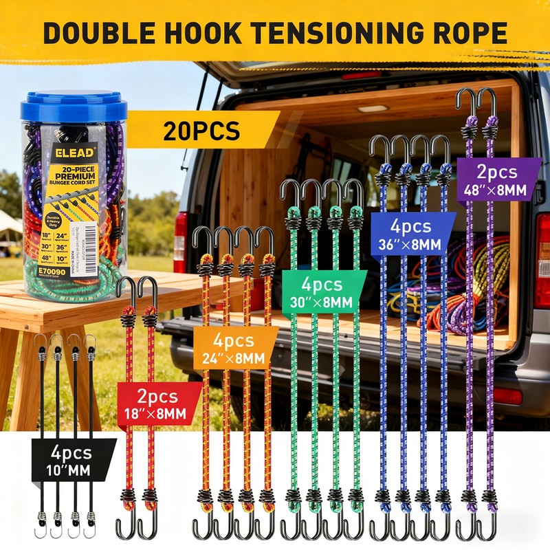 Bungee Cords Heavy Duty Outdoor: 20 Pcs Premium Rubber Bungee
