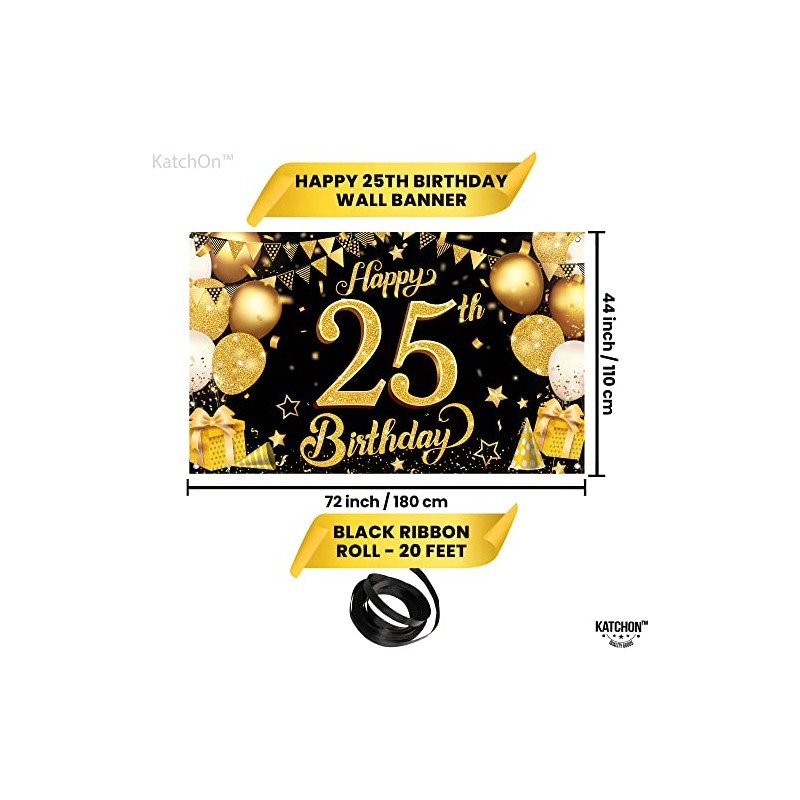 25th Happy Birthday Black Wall Banner,Glitter