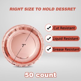 Tyzarglef - Platos de papel desechables de oro rosa, 50 unidades de 7 pulgadas para pasteles de postre a granel para suministros de fiesta, platos de fiesta de colores y resistentes para cumpleaños, bodas, baby shower, suministros de fiesta de novia