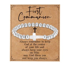 GLITTO First Communion Confirmation Gifts for Women, Silver Cross Charm Bead Stretch Bracelets Christian Baptism Holy 1st Communion Jewelry