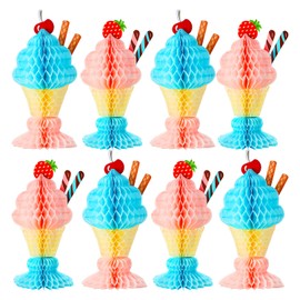 Outus 8 Pcs Tissue Ice Cream Honeycomb Sundae Table Centerpiece Ice Cream Party Decorations for 50s Themed Ice Cream Sundae Theme Party Supplies