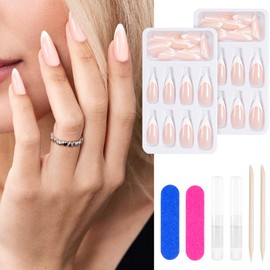 Kiiwah Aurora Pink French Press-on Nails Set, Almond Long Fake Nails French Tips with Glue, Nail Files, Cuticle Sticks, Artificial Fingernails Set for Gluing, False Nails French for Women