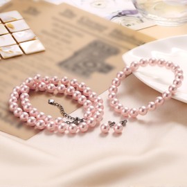 Elunix 8mm Pearl Necklace Set - Necklace Bracelet Earrings Trio for Women and Girls, Faux Pearl Jewelry Set for Wedding, Party, Daily Fashion (Pink 14.5 inches)