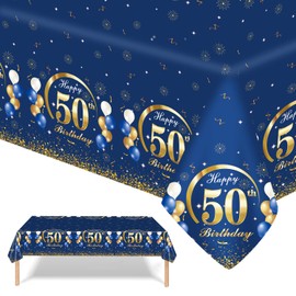 GROVBLE Pack of 2 Tablecloths for 50th Birthday, Blue Gold 50th Birthday Party Tablecloth, Happy Birthday Tablecloth, Wipe Clean Rectangular Tablecloth for Men, Women, Birthday Party Decor, 137 x 274