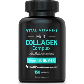 Vital Vitamins Multi Collagen for Women & Men - Type I, II, III, V, X - Grass Fed, Non-GMO - 150 Capsules