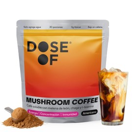 DOSE OF | Café con Hongos Adaptógenos | Mushroom Coffee Soluble | Melena de León 500mg, Chaga 500mg y L-Teanina 200mg | Energía y Concentración | Nootropico Natural | 30 Porciones | Sin Sellos