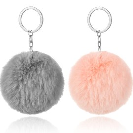 HICARER 2 Pieces Pom Poms Key Ring Fluffy Faux Pompoms Key Ring Soft Plush Key Ring Ornament Pendant Accessories for Women Girls Women, Pink, Grey