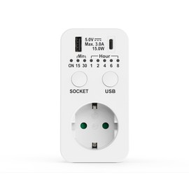 Perfect Socket Timer, Timer 230 V, Countdown Switch Socket, Timer Socket with USB and USB C Connection, Timer Socket Programmable, Timer Switch, White
