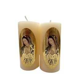 Velas Decorativas de la Virgen de Guadalupe, 8 cm x 3,5 cm, Set de 12, Color Crema con Diseño Dorado