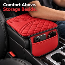 Universal Leather Car Armrest Storage Bag with Center Console Riser Cushion and Organizer Pockets