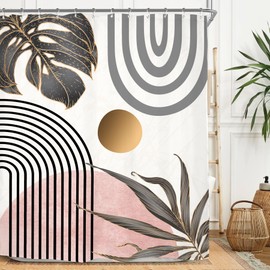 Miyotaa Miyotaa Abstract Minimalist Pink Shower Curtain Set 60Wx71H Inches Aesthetic Modern Geometric Contemporary Plant Leaves Monstera Polyester Waterproof Cloth Bathroom Curtain with 12 Hooks