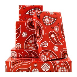 Western Party Gift Wrapping Paper Red Cashew Flowers Wrapping Paper, (4-Foled Flat Sheets, 1-Designs: 20 x 28 inch Per Sheet,15 sq. ft. ttl), For Wild West Theme Birthday Country Cowboy Cowgirl Party