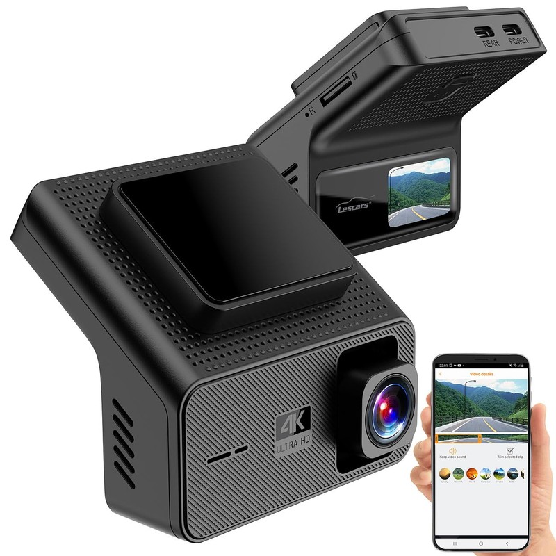 Lescars Autokameras Dashcam: 4K-UHD-Dashcam, GPS, 1,47"-IPS-Display, G-Sensor, Rückfahrkamera, App (mit