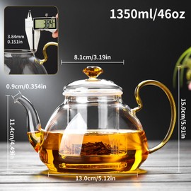 MESNEY 1350ml Glas Teekanne mit Edelstahl-Sieb und Gold-Dekor – Hitzebeständige Teekanne für alle Teesorten, Tropffreies Design, Spülmaschinenfest, Elegant und Praktisch für Zuhause und Büro
