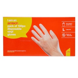 Amtech - Disposable Vinyl Gloves for Cleaning, Handling Food, Working, and More, Home DIY, Durable and Tear Resistant, Powder-Free and Skin Friendly, Non-Sterile (100) (L)