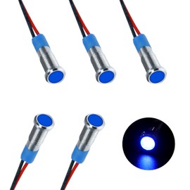ZIMISI 5PCS 6MM 1/4" LED Indicator Light, AC/DC 12V-24V Metal Signal Pilot Lamp with 145mm Wire, Waterproof IP66 Auto LED Dash Lights for Cars Trucks Boats (Blue)