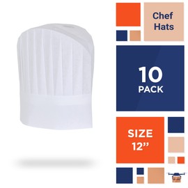 Amazing White Chef Hats, 12" Tall. Pack of 10 Viscose Hair Covers with Pleats. Disposable Non-Woven Lightweight Pleated Head Caps for Kitchen, Fast Food Service. Unisex. Le Toque, European Style.