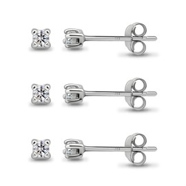 Set of 3 Pairs Sterling Silver Cubic Zirconia Round 2mm Tiny Unisex Stud Earrings