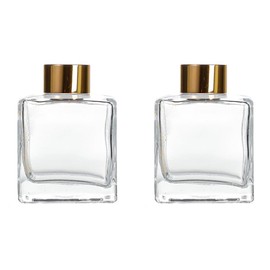 2PCS 50ml/1.7oz Empty Clear Glass Diffuser Bottle Diffuser Jars with Gold Cap Small Square-Shaped Essential Oil Container Fragrance Accessories Use for DIY Replacement Diffuser Set