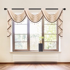 ELKCA Beige Chenille Waterfall Valance with Beads for Living Room,3 Hollow Swags Valance for Bedroom,Rod Pocket, 1 Panel