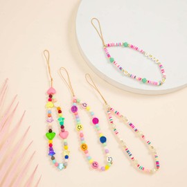 Staqlo 2Pcs Beaded Phone Lanyard Wrist Strap with Pearl Beads & Ceramic Charms, Handmade Phone Chain for Smartphone Camera Keychain, Anti-Loss Bracelet Strap for Women