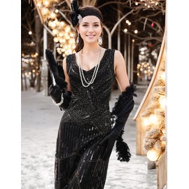1920s Gatsby Sequin Fringed Paisley Flapper Midi Dress with 20s Accessories Set (S, Black)