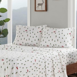 Woolrich Sheet Warm & Breathable Cotton Flannel Bed Sheets, All Elastic Pocket Sheet Set Fits Up to 14" Mattress, All Season, Lightweight, Soft Cotton Sheets, King Green Tree Trip 4 Piece