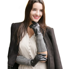 YISEVEN Women's Winter Touchscreen Lambskin Leather Long Gloves Wool Cuff Hand Warm Fleece Lined Heated Lining Stylish Real Luxury Ladies Accessories Work Dress Driving New Year Gift, Black 6.5/S