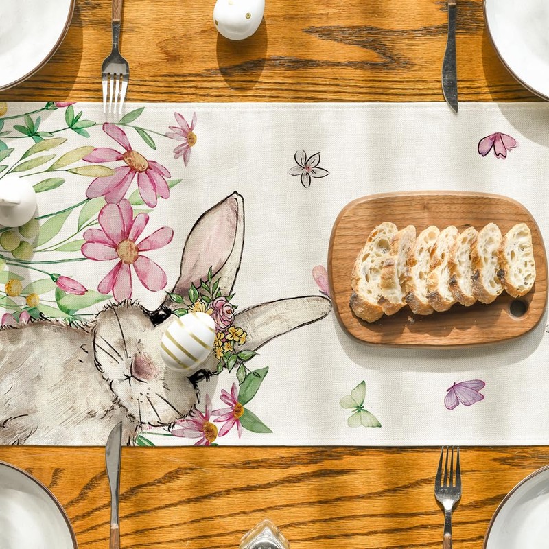 Artoid Mode Flowers Leaves Rabbit Butterflies Easter Table Runner, Seasonal