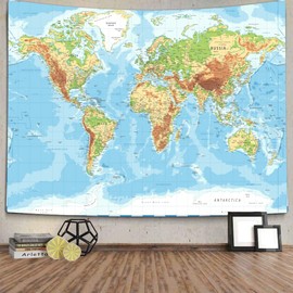 World Map Tapestry, Detailed Blue Ocean Natural Physical Map Tapestry Wall Hanging Educational Tapestry for Bedroom Living Room Dorm Office Classroom Decor 60 x 51Inch
