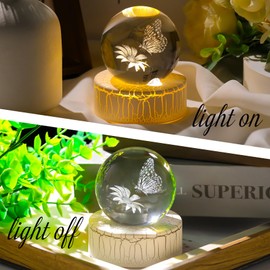 2.36in. 3D Butterfly with Flower Crystal Ball Gifts for Women, K9 Crystal Decorative Ball Engraved Butterfly Figurine Paperweight with LED Light Base for Home Office Ornament
