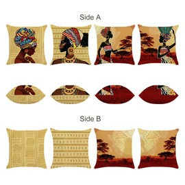Bonhause African Women Cushion Covers 45 x 45 cm Double Sided Tribal Ethnic Black Girls Decorative Accent Throw Pillow Covers Polyester Linen Pillowcases for Sofa Bed Home Patio Decor Set of 4