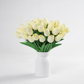 MYXUANFA 30 Pcs Fake Tulips, Cream Faux Fake Tulips, Real Touch Pu Artificial Flowers Tulip Bulbs, 13" Spring Flowers Artificial for Wedding Home Party Office Mother's Day Decoration