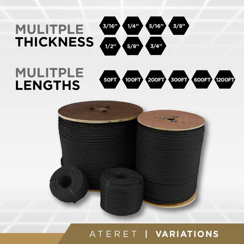 ATERET Twisted 3-Strand Black Polypropylene Rope Monofilament I 5/16" x