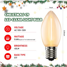 25 Pack C9 LED Replacement Christmas Light Bulbs, Warm White Night Light Bulb Shatterproof, E17 Intermediate Base, 0.6W Energy-Saving Clear Replacement Bulbs for Christmas Decorations Outdoor Lights